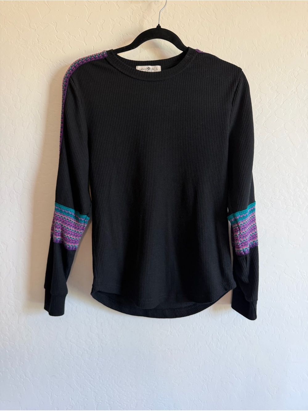 Natural Life London Waffle Knit Thermal Top Large Black Tapestry Trim Boho